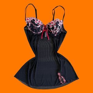 00's vintage black mesh floral lace corset y2k lingerie bustier babydoll slip L